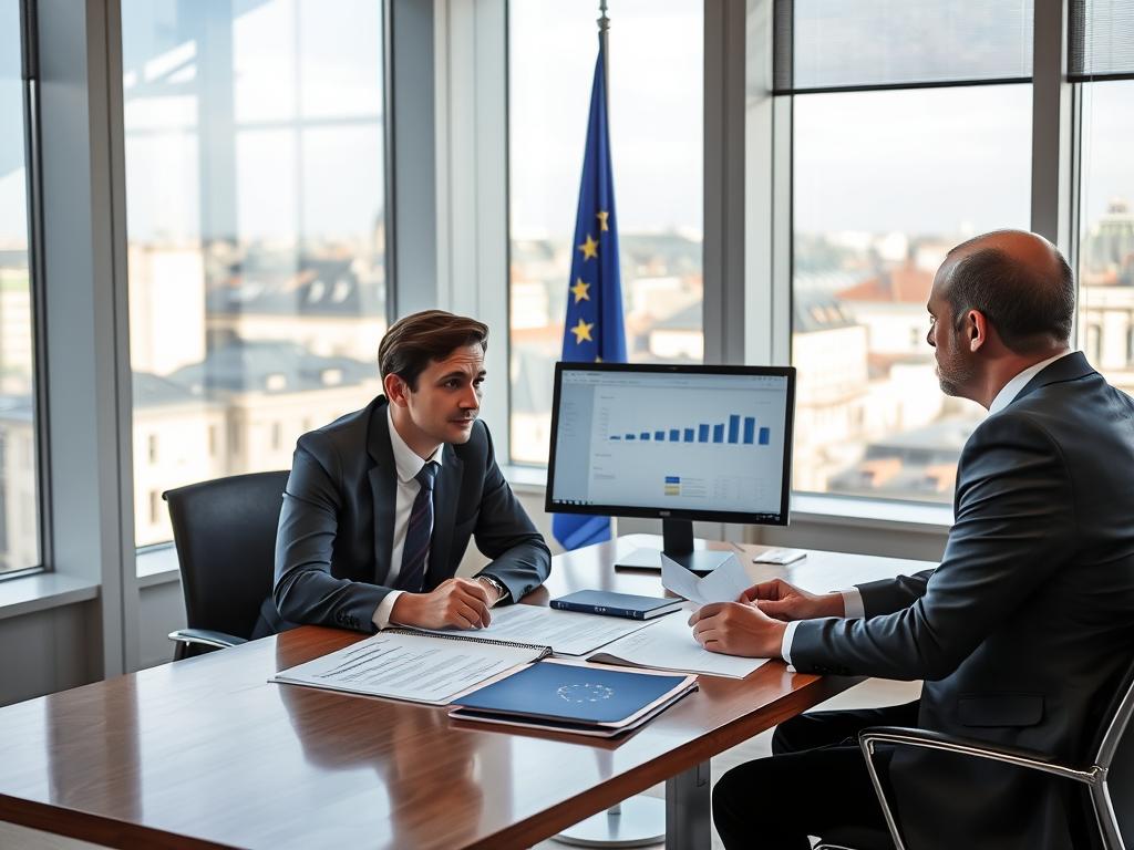 Consultant advising client on EU regulations in a Brussels office, representing top small business ideas in Belgium for foreigners