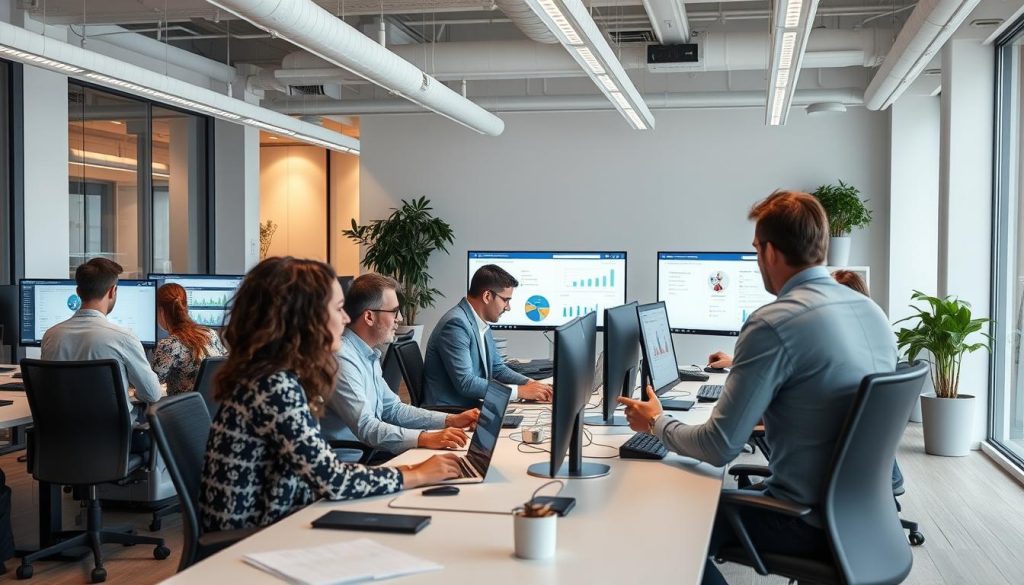 Digital marketing professionals in a Brussels office working on a campaign for top small business ideas in Belgium for foreigners