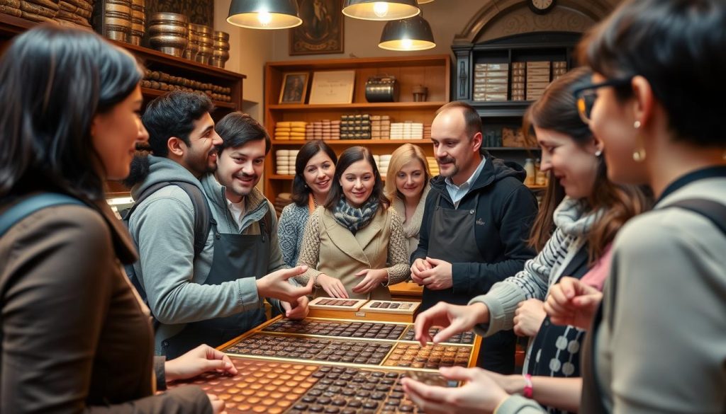Food tour guide explaining Belgian chocolate making to tourists, representing top small business ideas in Belgium for foreigners