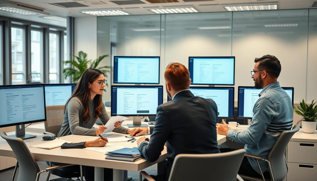 Multilingual translation team working in a Brussels office on documents, representing top small business ideas in Belgium for foreigners
